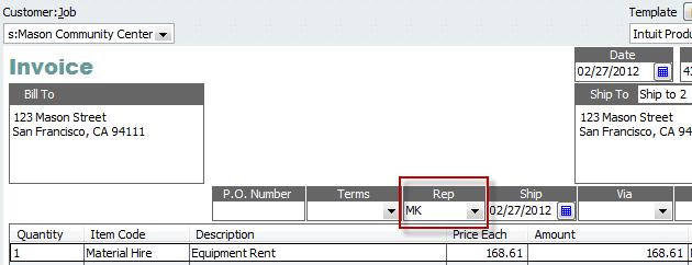 After synching, the new invoice created in QuickBooks shows the Sales Rep information.