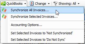 Synchronize All Invoices. Is now a choice on the QuickBooks drop down on the invoices tab. This allows All eligible invoices in the database to be synchronized at once.