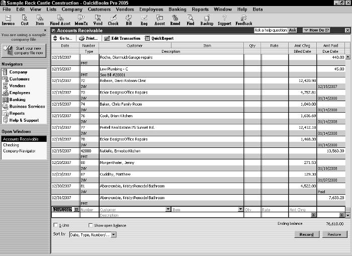 8 Part I The QuickBooks System Figure 1-4: This Accounts Receivable Register window reveals the transactions that affect the account and its current balance.