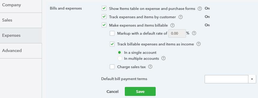 When you click the Edit icon in the Bills and Expenses section, you can change the terms, markup, sales tax, and more.