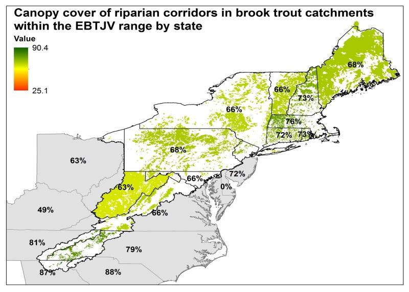 Within the historic range forest cover differed substantially among states, between riparian corridors and entire catchments, and with respect to both riparian corridors and whole catchments for