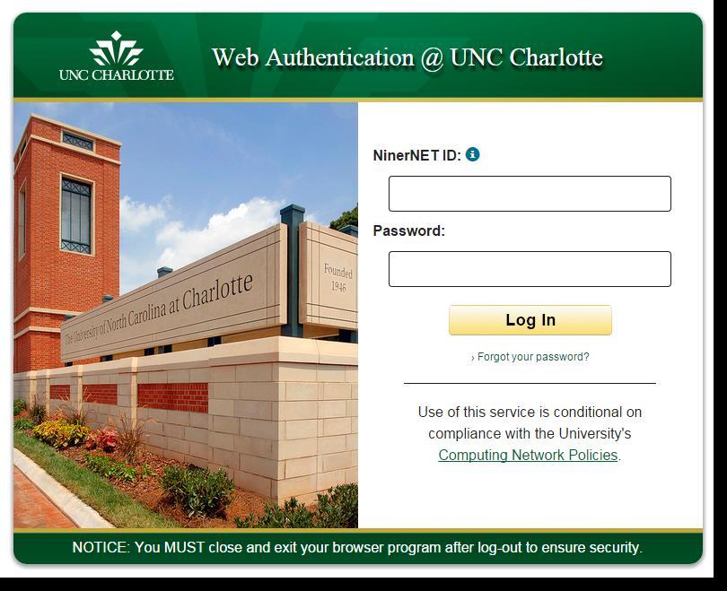 Section 3: Appendices Appendix D: What to do if you have trouble logging into NinerTalent, Continued Result: The UNC Charlotte Web Authentication page opens. Enter your NinerNET credentials.