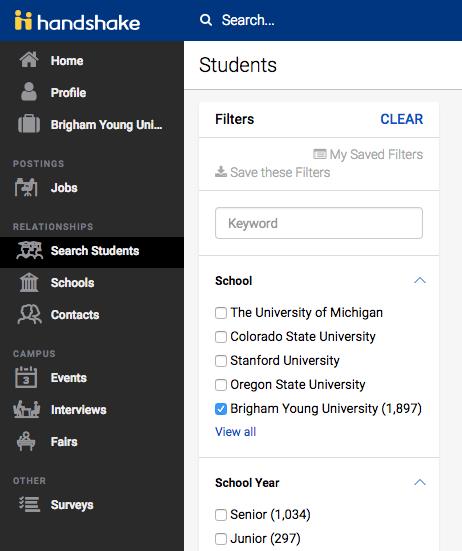 HOW TO SEARCH FOR STUDENT RESUMES 1 2 Log into Handshake and click the Students tab