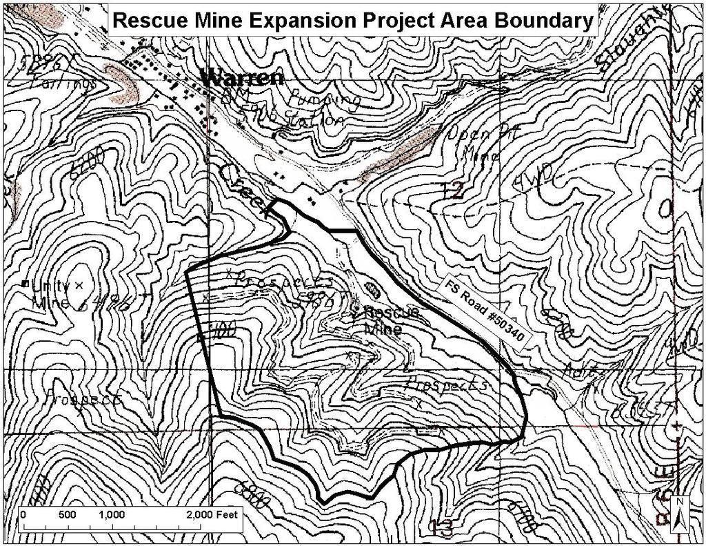 downstream. The project area includes the Rescue Mine Millsite, waste rock and tailings disposal areas, and temporary access and exploration roads.
