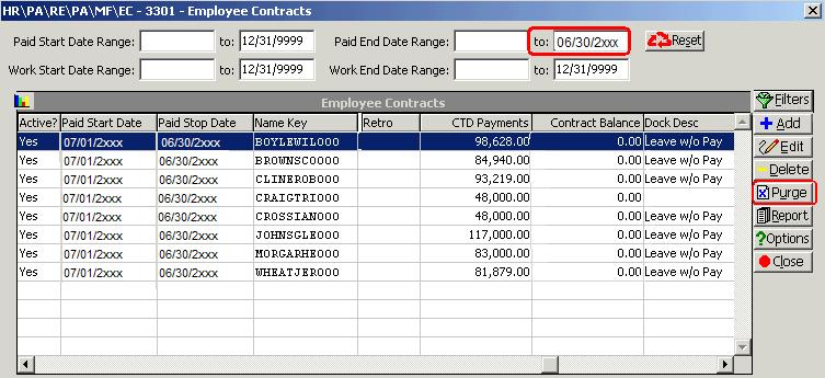 Purge Contracts. Select the Purge Option. Note: The date range and filter data from the previous screen does not default here.