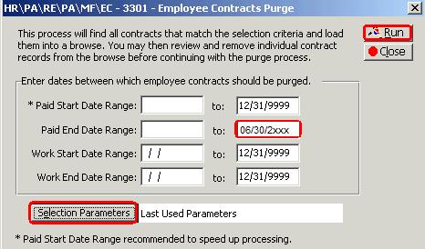 For example: Paid End Date Range to: 06/30/2017. The Employee Contract Purge screen displays all contracts that meet the date/selection parameters.