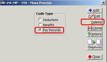 Step 5 Mass Delete Corresponding Contract Pay Records Mass Delete the pay records corresponding to the contracts purged in step 4. Menu: HR, Payroll, Mass Process Select Pay Records, click Delete.