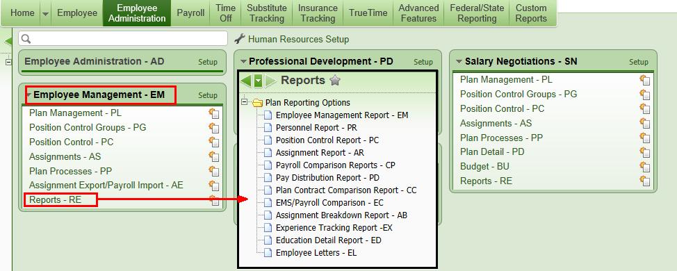 Run EM Reports as Needed Menu: Web HR, Employee Administration, Employee Management, Reports There are various reports available in the Employee Management Reports option.