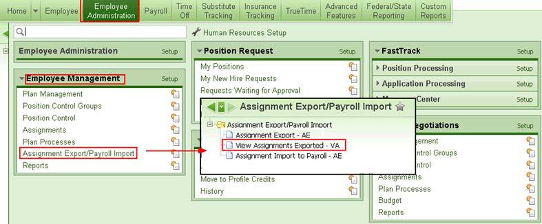 View Assignments Exported Menu: Web HR, Employee Administration, Employee Management,