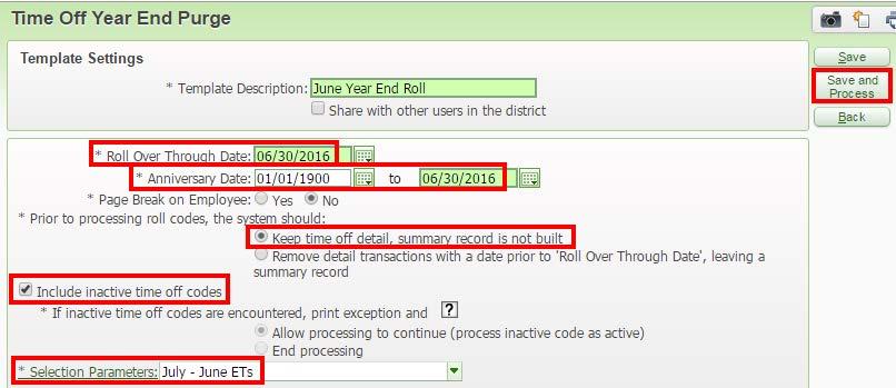 4. Run the Time Off Year End Roll. No other users should access Employee Profile Time Off when this process is run.
