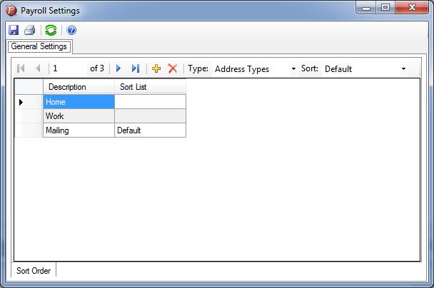 Payroll Settings Wizard General Settings: How To: - Sort Order 1) Begin by selecting the Sort Order Type in Type Drop Down box you wish to work with at the top of the screen.