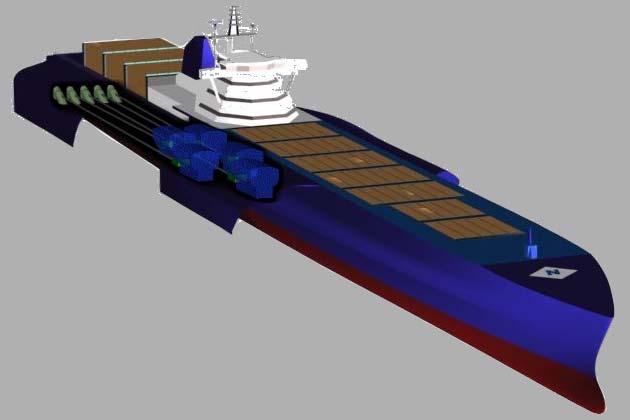 Example Pentamaran Container Ship Waterjet propulsion proven inservice units fixed pitch impellers in-water maintainability Patented Pentamaran design.