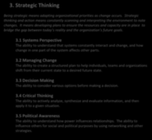 3. Strategic Thinking Being strategic means adapting organizational priorities as change occurs.