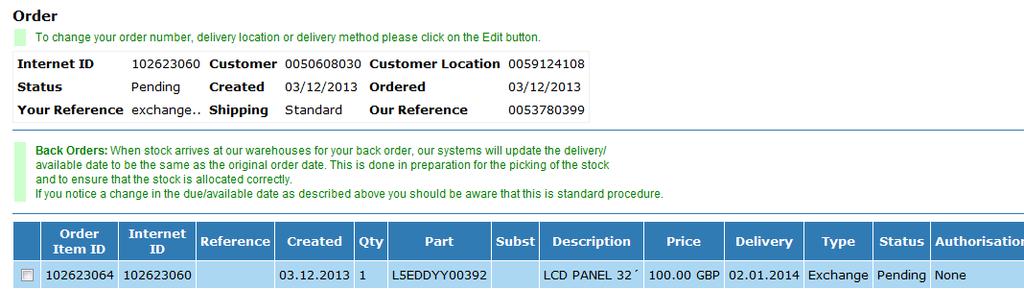 To recover the system reference (Panasonic order number), change the Status view field to Processing Orders and click on the Search button.