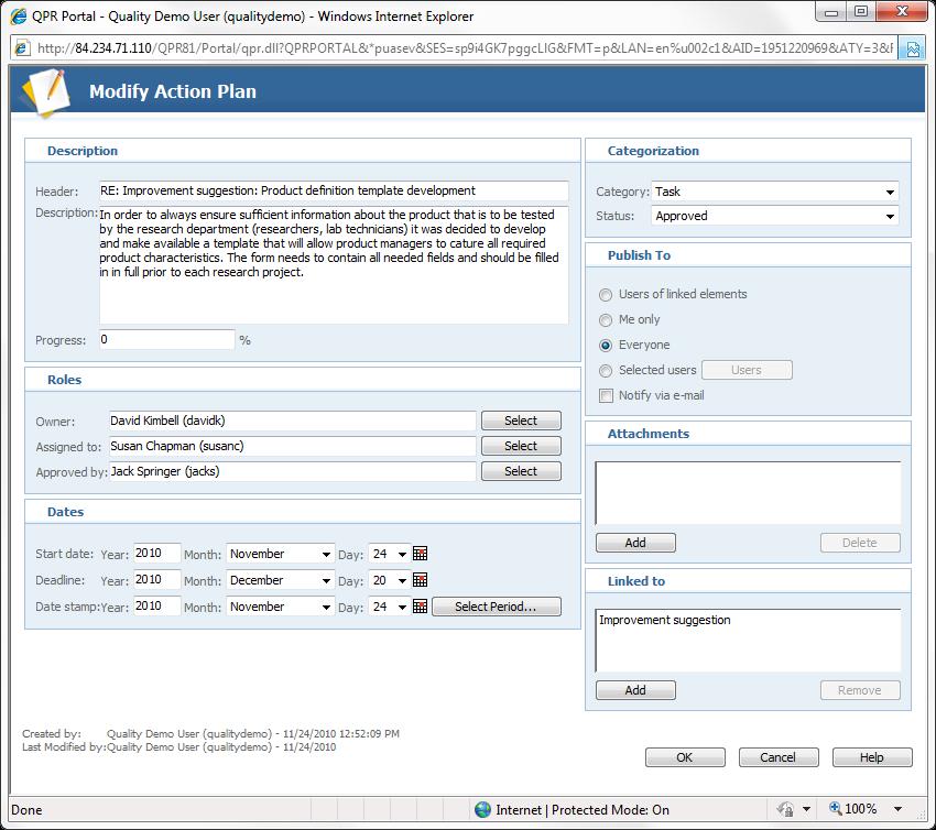 QPR Portal Actions are fully customizable and can take many forms, such as for example