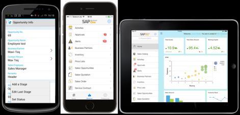 SAP Business One Mobile Applications SAP Business One Mobile App Handle alerts and approvals Stay informed about business, view reports, manage contacts and handles sales and service related