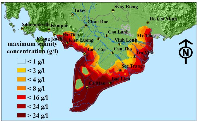 Saline Area based on Maximum Salinity DEV-A2-2022 DEV-B2-2037 Impacts from future climate change (CC) and future development (DEV) on the changes of saline areas (%) compared to saline area