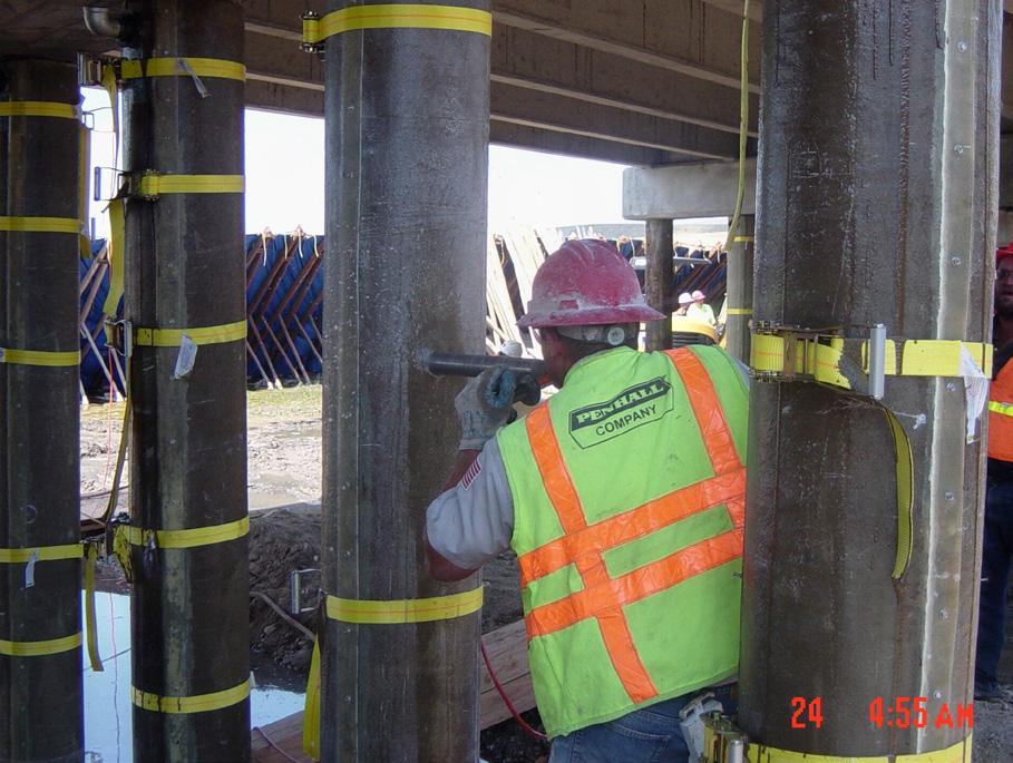 To increase mechanical bond of cementitious grout when encasing piles, mechanically anchor rebar or studs to pile.