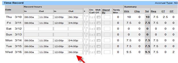 2.) If the overtime IS connected to your regular shift, you can add to the same row as regular hours worked (See arrow below).