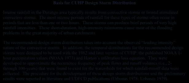Basis for CUHP Design Storm Distribution Intense rainfall in the Durango area typically results from convective storms or frontal stimulated convective storms.