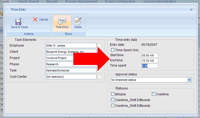 With Start and Stop Time OR Select the Time Spent Only check box; and enter hours and/or minutes