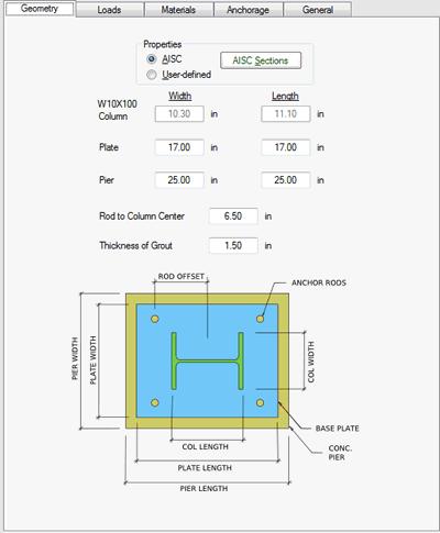 Steel Base Plate Geometry Use the Geometry tab to enter the information of the dimensions of the column base, as shown below.