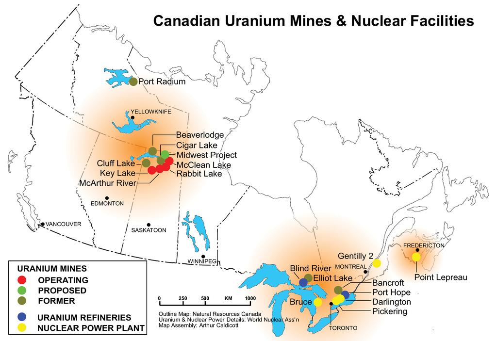 The map shows districts with potential for uranium development, small occurrences of