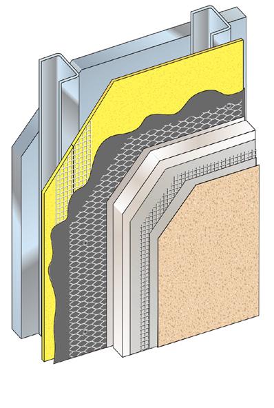 Adhesive fastening means that the air/water-resistive barrier is not punctured by mechanical fasteners, and there is no thermal bridging through the continuous exterior insulation.