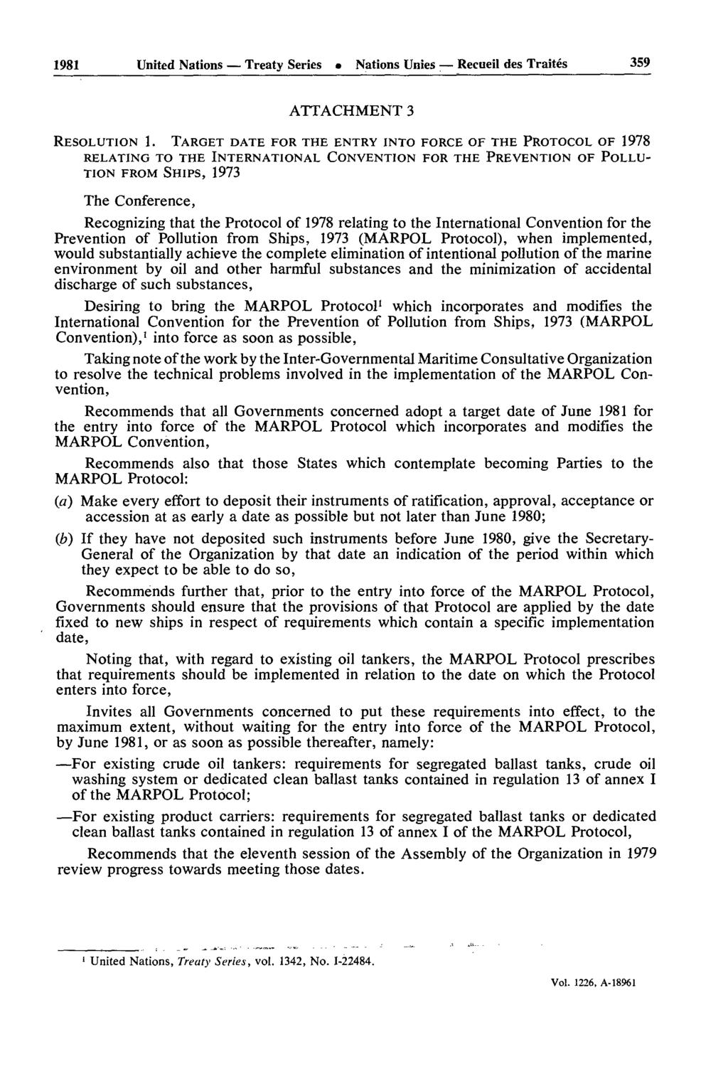 1981 United Nations Treaty Series Nations Unies Recueil des Traités 359 ATTACHMENT 3 RESOLUTION 1.