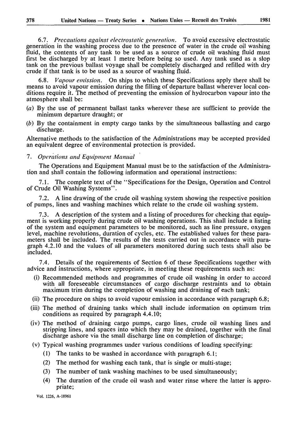 378 United Nations Treaty Series Nations Unies Recueil des Traités 1981 6.7. Precautions against electrostatic generation.