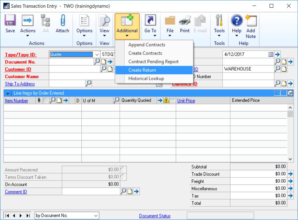 Title Microsoft Dynamics GP Creating Sales Order Processing Returns Overview It is better to use Sales Order Processing Returns vs. doing AR Credit Memos and Inventory Adjustments separately.