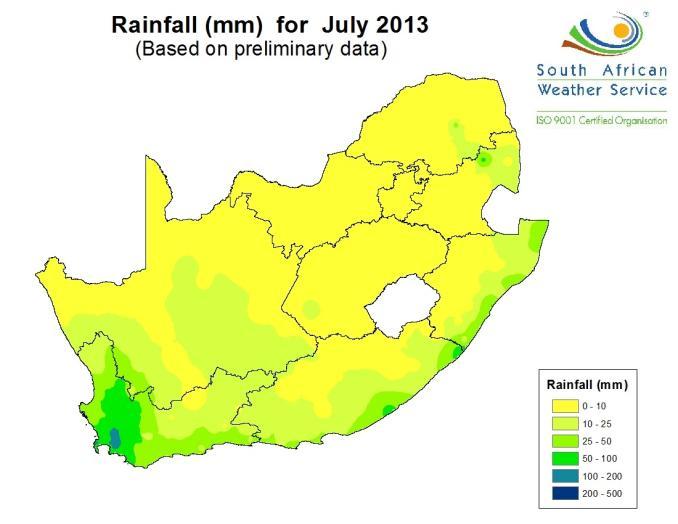 1. Weather conditions 1.1 Rainfall for July 2013 During July 2013, significant rainfall events were limited to the Western Cape Province, as well as the eastern coastal regions (Figure 1).