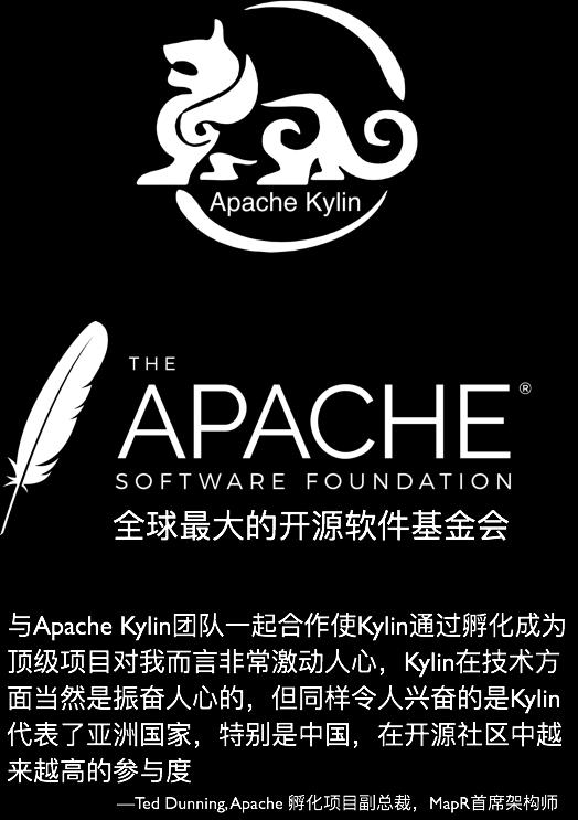 顶级项目 Apache Kylin, 中国唯一的 Apache 顶级开源项目, 核心开发者及贡献者都在中国 行业认可 连续两年荣获 InfoWorld