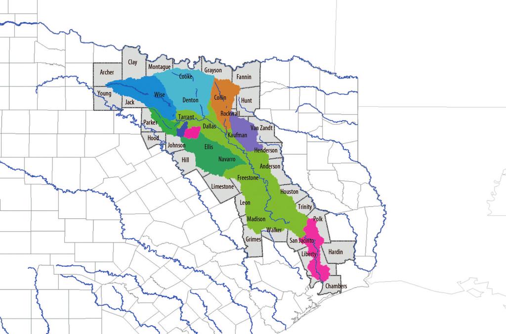 Figure 3. Greater Trinity River Basin with surrounding counties. (Source: Texas Water Development Board) type of chlorophyll in green algae.