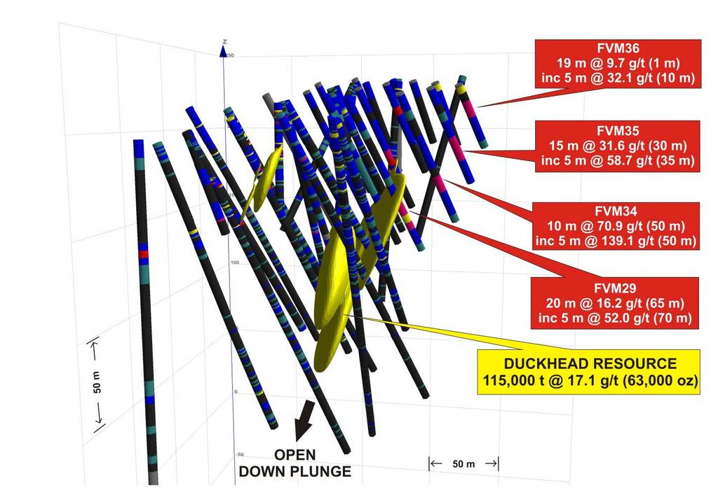 Gold mineralisation at Duckhead is located on the contact between BIF in the hanging wall and schist in the footwall and shows many similarities with the high grade Trough Zone in Tap AB 2, whereby a