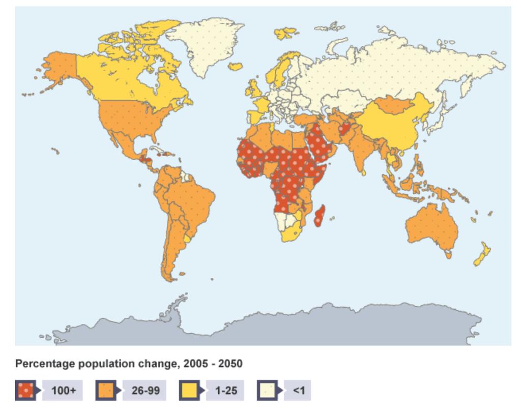 The map below outlines the predicted population change between 2003 and 2050.