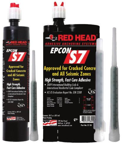ADHESIVE ANCHORING SYSTEMS S7 The ONLY Fast Cure ICC-ES Listed Adhesive for Water-filled Holes and Submerged Concrete S7-10 S7-28 APPLICATIONS/USES Formulated and approved for use in water saturated