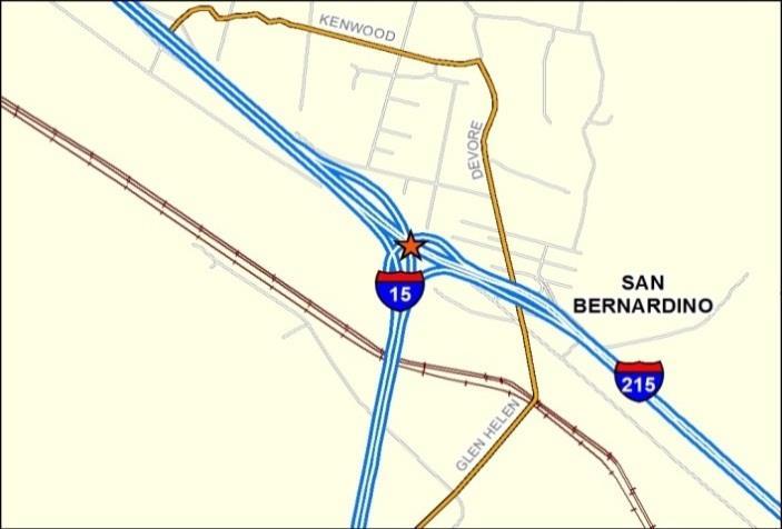 I-15/I-215 I-15 AND I-215 INTERCHANGE IMPROVEMENTS (DEVORE) Phase: Design/Build Type: Interchange This project reconfigured the interchange to provide four lanes in each direction on the I-15.