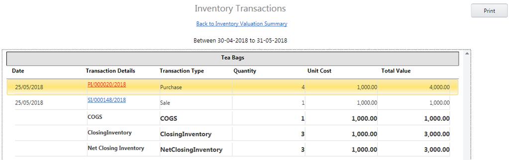 User can navigate to inventory transactions directly from the report just by clicking on inventory value and from inventory transactions user can even navigate / view respective transaction if