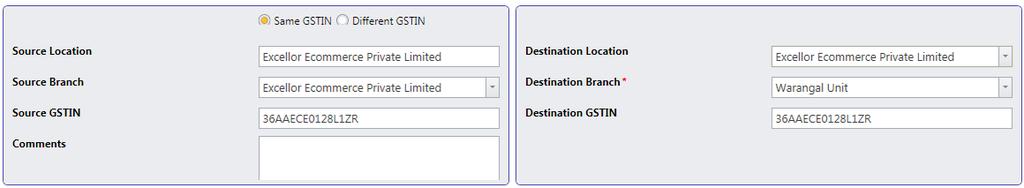 User should select the transfer type first, whether the transfer is with in the GSTIN or to a different GSTIN. Then user should select the source details.