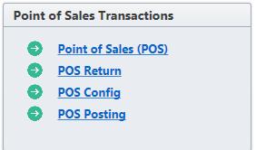 User can also cancel the transaction by clicking on cancel option. 9. Point of Sale Point of Sale tile is to maintain 1. Point of Sale (PoS). 2. PoS Return. 3. PoS Config. 4.