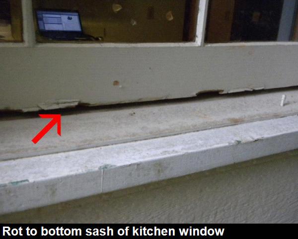 INTERIOR DOORS: INTERIOR DOORS: Representative number tested, WINDOWS: TYPE & Wood. Rot was noted to the bottom sash of the rear kitchen window. Repairs should be made by a qualified contractor.