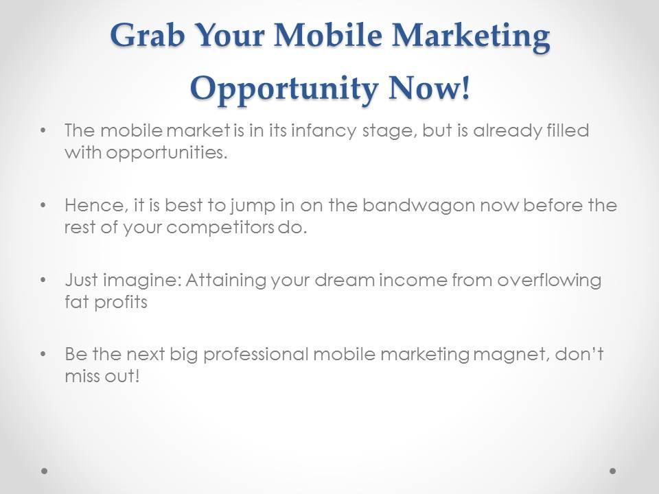 Given the vast opportunities that mobile marketing offers, it s really up to you now to position yourself and make profits from this new phenomenon.