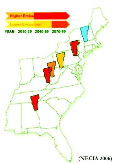 Future Climate Predictions for VT Higher Emissions: Continued rate of CO 2 increase through the