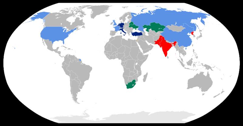 Nucelar weapons distribution Blue: NPT designated Red: Other states Dark blue: NATO nuclear weapons sharing Gree: States formerly possessing Yellow: Believed to have nuclear weapons.