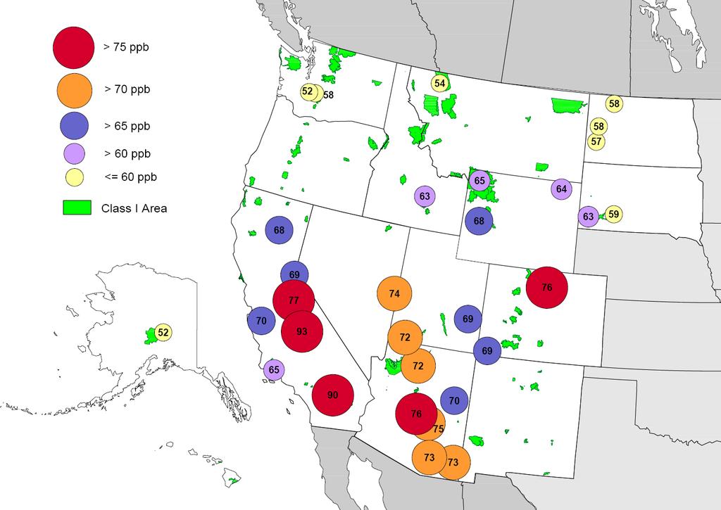 3-year Average 4 th Highest 8-Hour Ozone value for Rural/Class I Sites 2011-2013