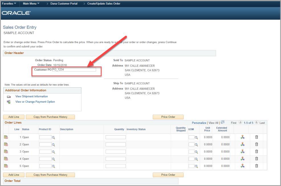 1.4 Upon selecting the Add Sales Order button the following blank order page will appear.