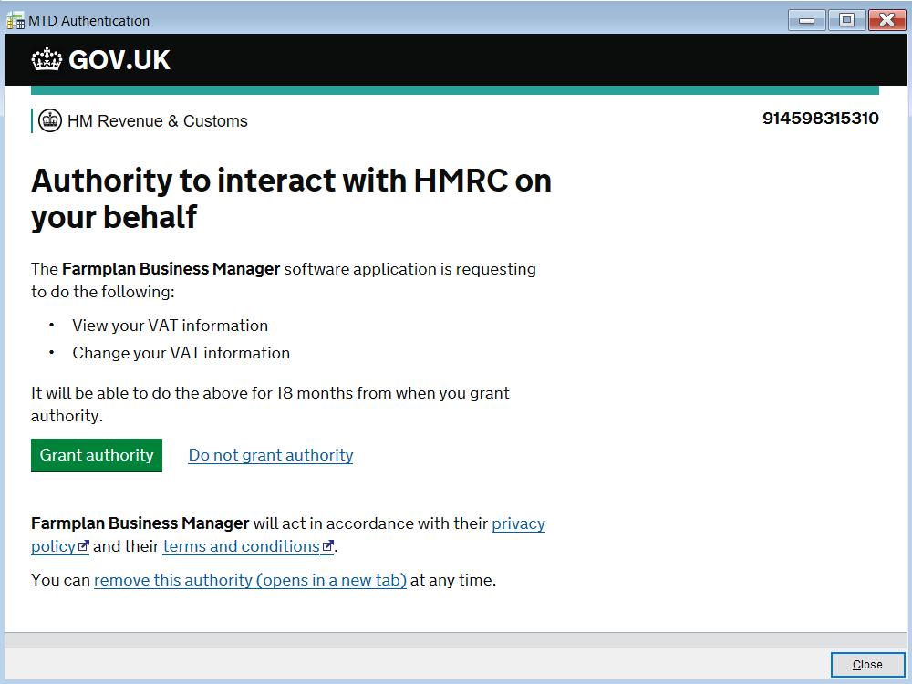 At the end of this process you will need to Grant authority for Business Manager to interact with HMRC. If successful you will receive the message Authority Granted.