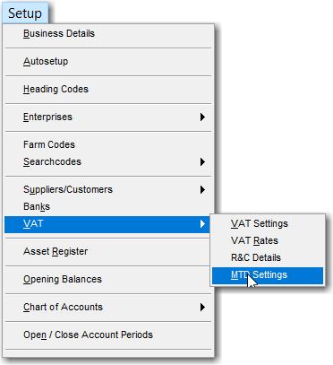 Step 3 Configure your MTD Settings To enable the MTD VAT functionality of the program you will need to configure your MTD settings. Go to Setup VAT MTD Settings.