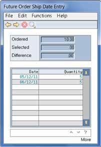 Ship Dates If the order requires the same item to ship on multiple dates, enter the total quantity of the item being ordered on the Future Orders detail window and click on the SHIP DATES button.
